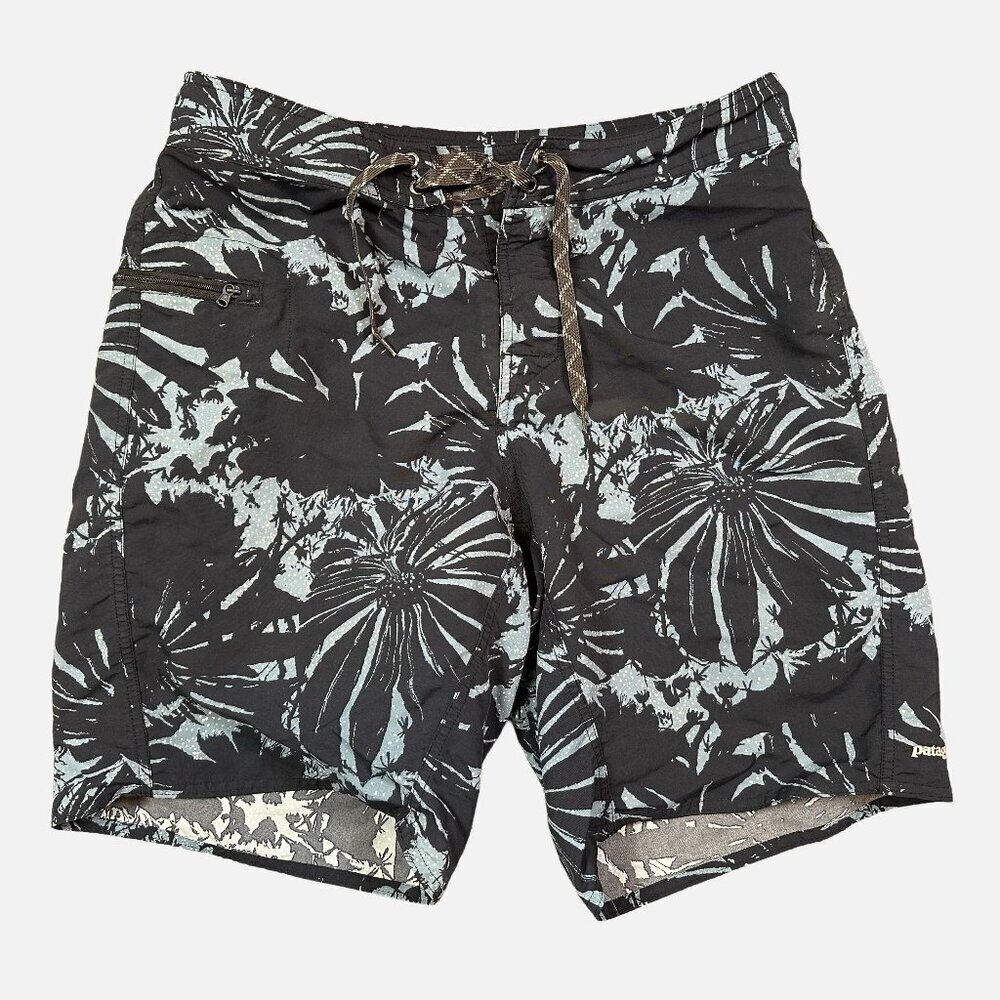 Patagonia Board Shorts Wavefarer 32 Nylon Swim Surf Zip Pocket Floral Blue